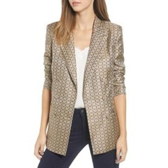 WAYF Finn Metallic Daisy Double Breasted Blazer Beige Brown Work Career Business - Picture 1 of 6